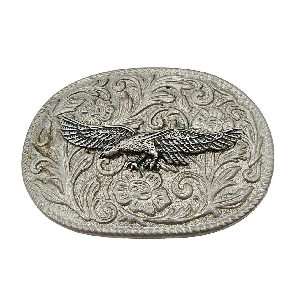 Vintage American Flying Eagle Silver Embossed Floral Scroll Belt Buckle 3x2